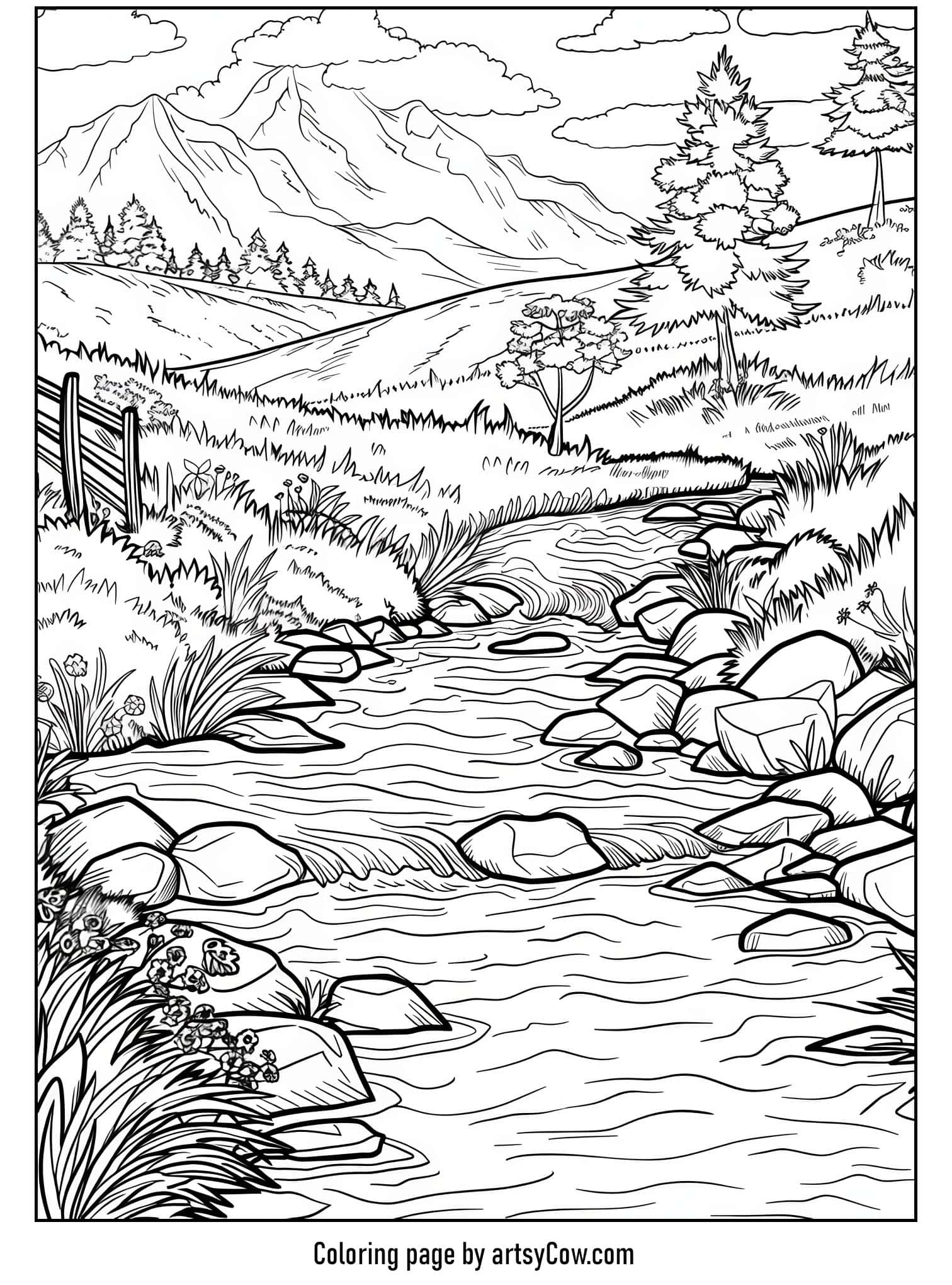 a tranquil valley stream flowing through a vibrant natural setting